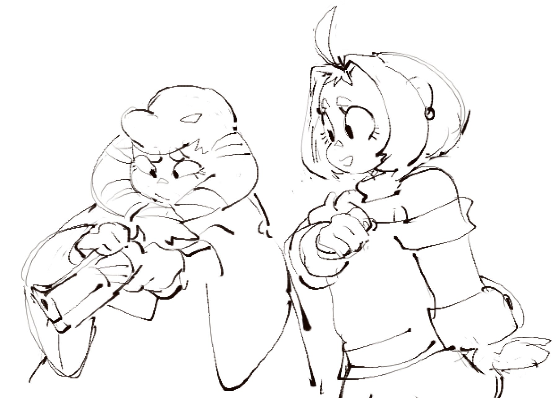 this is a black and white illustration of two cartoon characters. they are both female, with one having catlike features. the two are standing and looking at each other, both smiling and happy. one has her arms wrapped around herself, while the other is holding a gun. the two characters look friendly and playful in this image.
