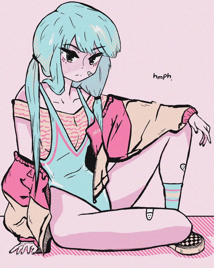 an anime girl is sitting in a pose with one leg on top of the other and her arms crossed, she is wearing a blue swimsuit with a pink and white striped jacket and white sneakers. she has blue hair and a pink and white checkered background. she has an attitude, as if she is being annoyed, shown by the "hmph" written above her head.