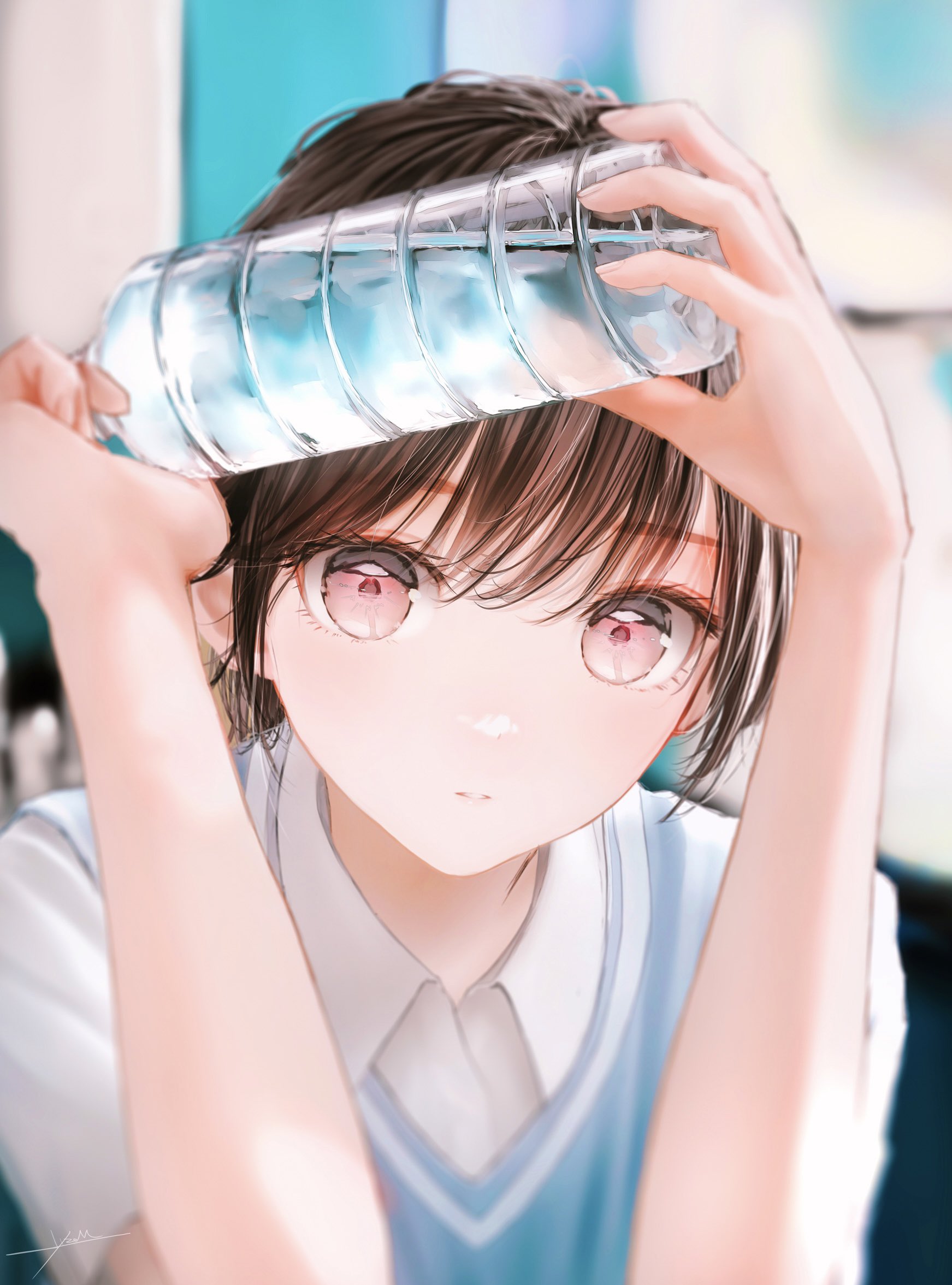the image shows a closeup portrait of a cute anime girl with brown hair and pink eyes. she is wearing a blue and white school uniform. she is holding a water bottle to her forehead, as if she is hot or sweaty. the background is blurry and out of focus, with shades of blue and white. the overall style is soft, delicate, and slightly dreamy.