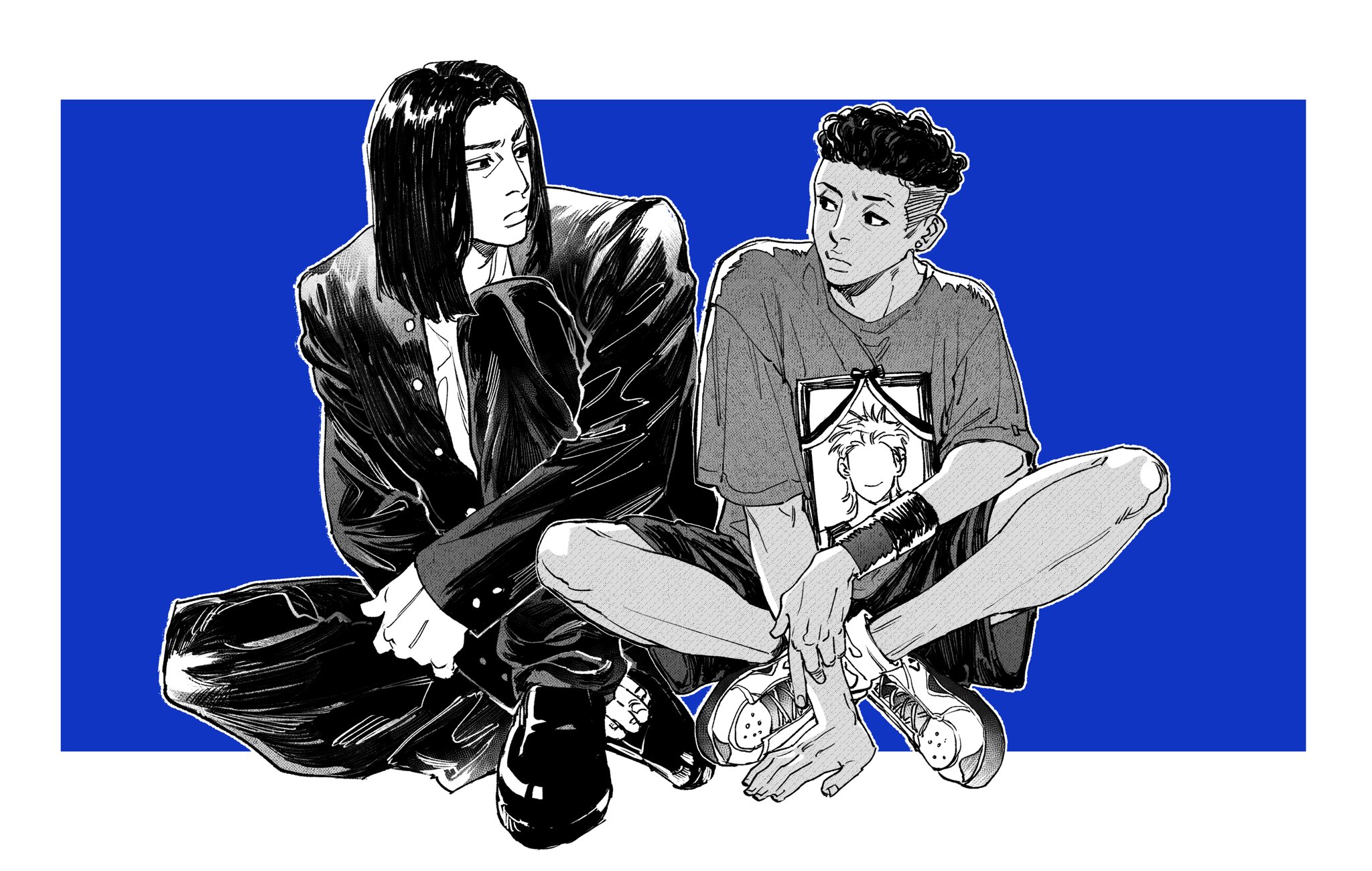 two young men are sitting together against a blue background. the man on the left is wearing a black jacket and black pants with black shoes. the man on the right is wearing a white tshirt with black shorts and white sneakers. they are both looking at the viewer. the image is drawn in a comic book style.
