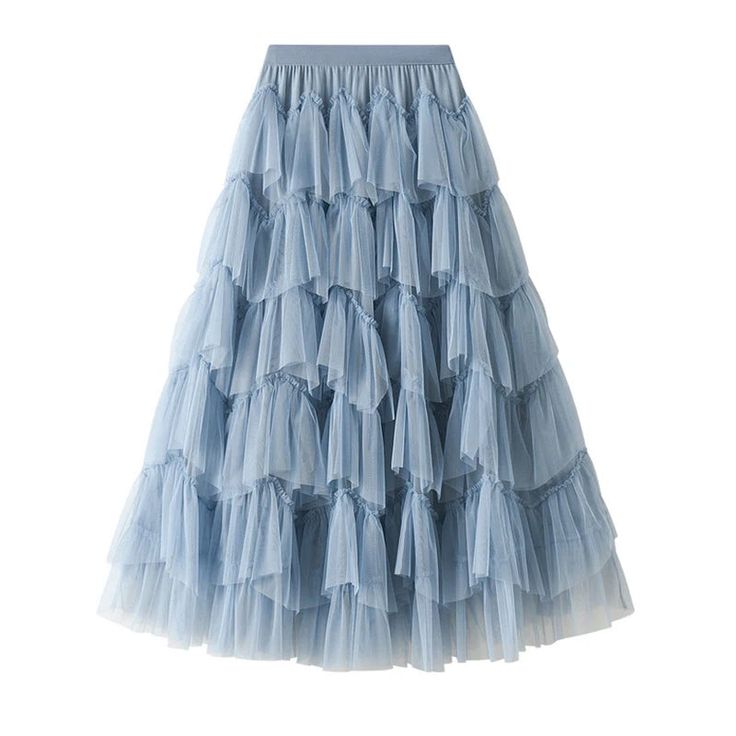 a beautiful light blue tulle skirt with multiple layers of ruffles. the skirt is long and flowy, creating a romantic and ethereal look. it is perfect for a special occasion, such as a wedding or prom. the skirt is also very soft and delicate, making it comfortable to wear.