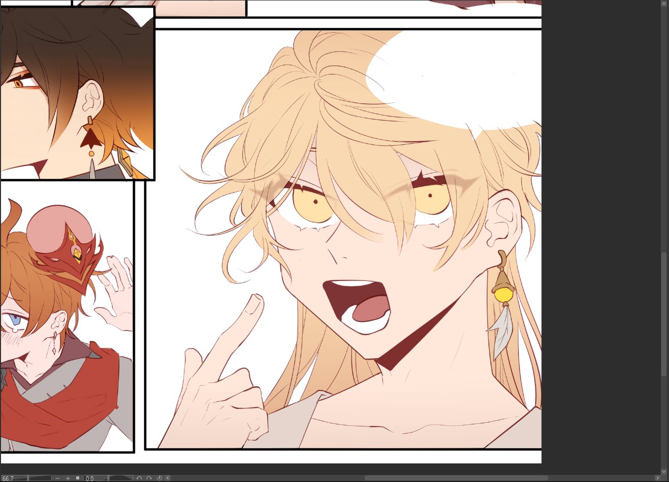 this is a panel from a comic book or manga. it features a young blonde girl with yellow eyes looking shocked and surprised with her mouth open wide. she has a strand of blonde hair that falls over her face. she is wearing a light colored shirt. the panel is drawn in a digital art style.  the edges of the panel are surrounded by a black border.