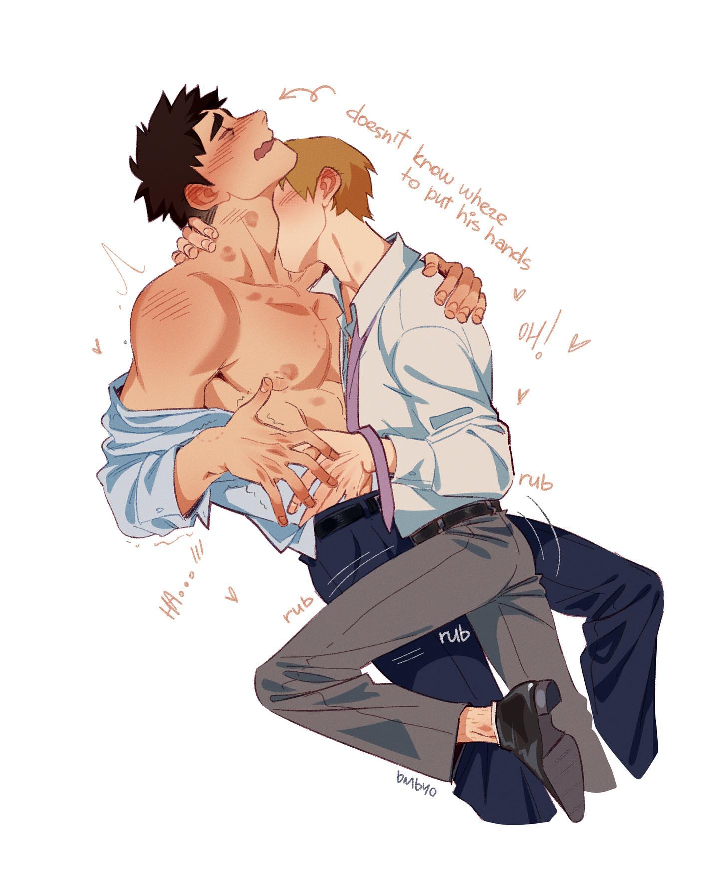 the image is a digital drawing or fanart in the style of anime or manga depicting two young men in a romantic embrace. one is shirtless and the other is wearing a lightcolored shirt and dark trousers.  the shirtless man has his arms around the other, who is leaning into him. text annotations within the image indicate affection and describe the actions of the individuals. the overall mood is tender and passionate. the style is reminiscent of boys' love (bl) or yaoi art.  the artist's signature, "bmlyo," is visible in the lower right corner.