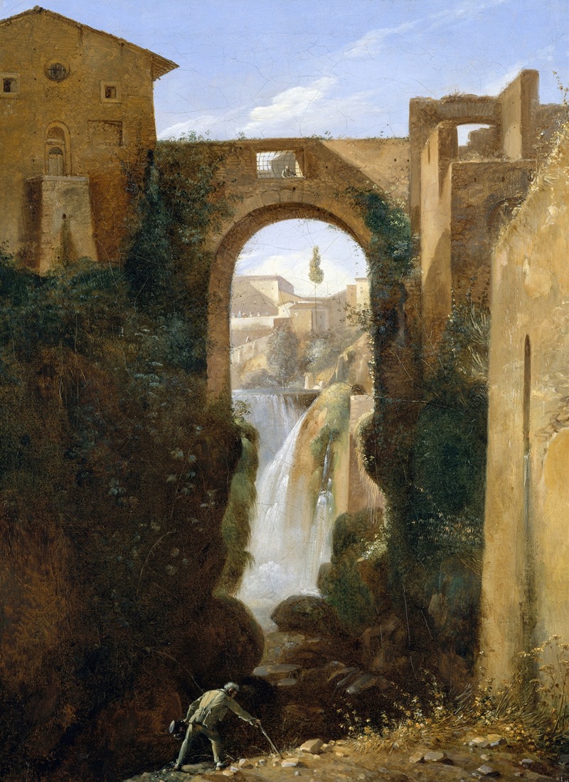 the image is a painting depicting a landscape in tivoli, italy, showcasing a waterfall seen through an arched bridge with ancient ruins. a lone figure of a man, possibly a traveler, is present at the bottom, near the stream of water flowing from the waterfall. the architecture includes old buildings and the arched bridge, covered in greenery. the waterfall appears to be the "cascatelle" on the aniene river. the overall style is classical landscape painting.