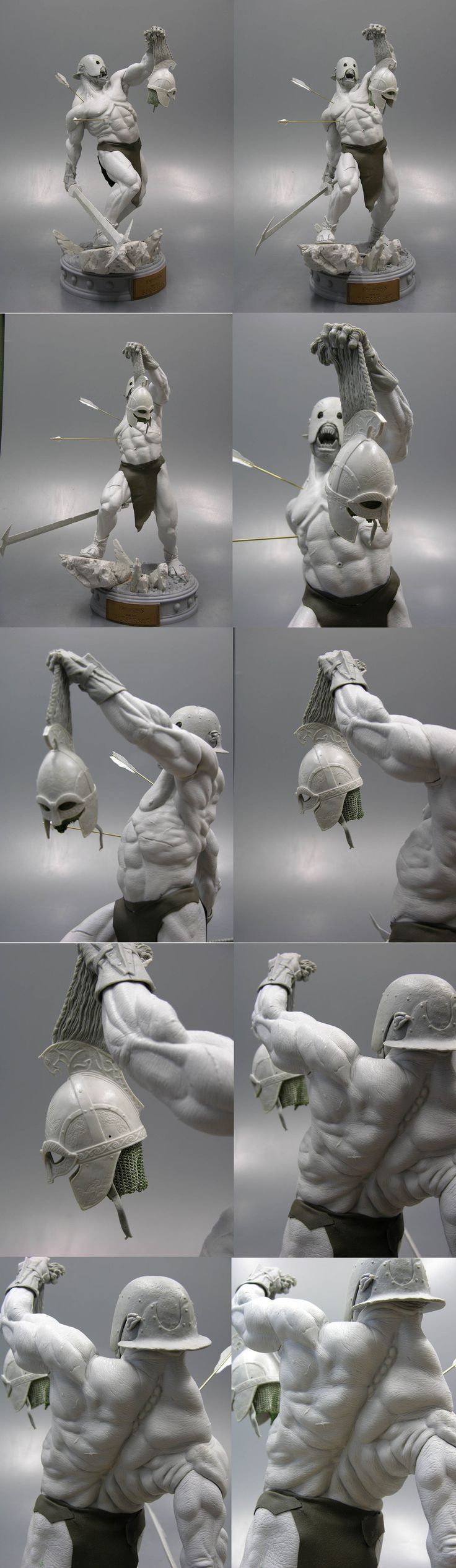 the images showcase a detailed sculpting process of a cyclops figurine, likely inspired by greek mythology. the cyclops, known for its single eye, is depicted in a dynamic pose, holding a club and the head and helmet of a defeated warrior. the images capture different angles and stages of the sculpting process, highlighting the artist's skill in anatomy and detail. the background is consistently a neutral gray, focusing attention on the sculpture.