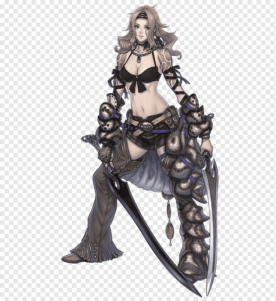 a female warrior stands confidently, her gaze fixed on something beyond the viewer. she's clad in intricately designed armor, a blend of leather and metal, that accentuates her physique without being overly revealing.  her weapons, a pair of wickedly curved swords, are held at the ready, hinting at her deadly skill.  her pose suggests agility and grace, the markings on her skin adding to her mystique.