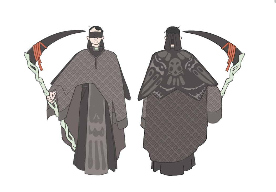 a stylized illustration showcasing the front and back of a character design. it depicts a stylized grim reaper, with a black blindfold,  carrying a scythe with a red handle.  the character wears a dark gray robe with a repeating black pattern. a large stylized bird skull design is visible on the back of the cloak. the art style utilizes flat colors and minimal shading.