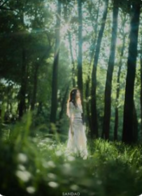 a woman in a white dress is standing in a sundappled forest. the sunlight is streaming through the trees, creating a dreamy and ethereal atmosphere. the woman is looking up at the sunlight, and her hair is flowing in the breeze. the forest is lush and green, and there are ferns and other plants growing on the ground.