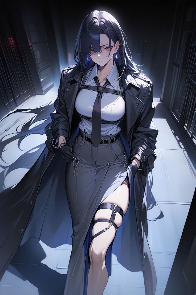 the image is of an anime character, a young woman with long black hair and piercing blue eyes. she's wearing a long black coat over a white shirt and a black skirt, with a belt and garter around her thigh. she has a weapon holster on her thigh. she's standing in a dimly lit hallway, looking mysterious and cool.