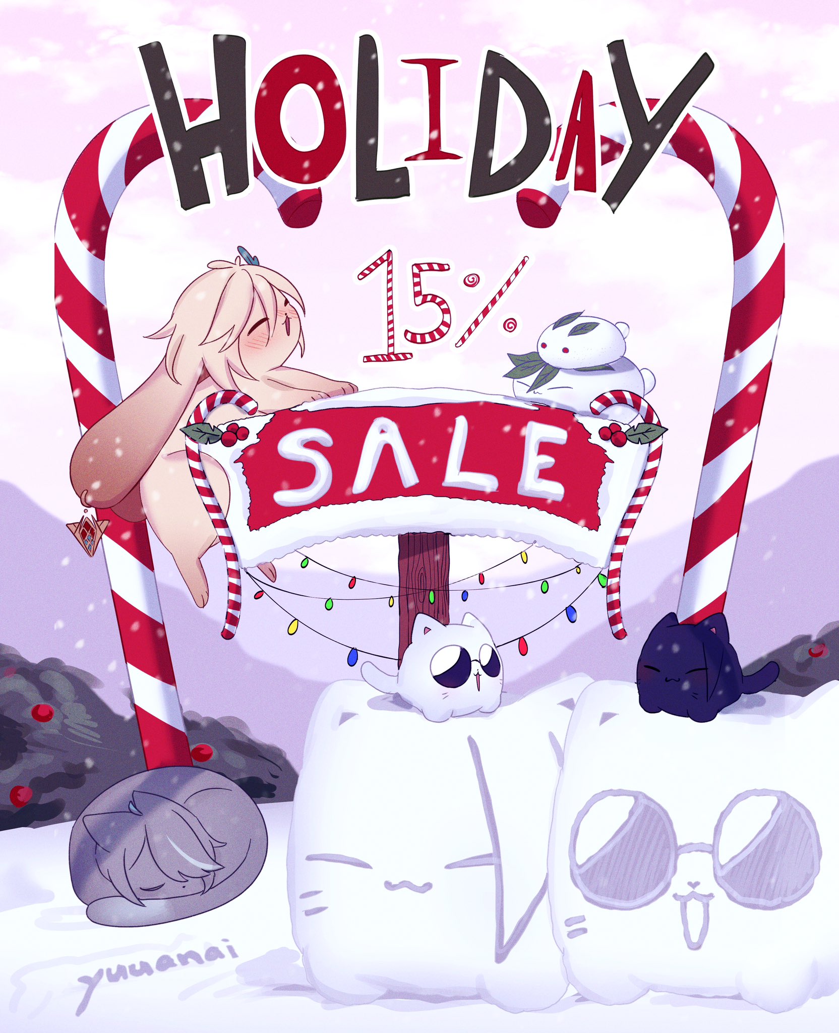 this is a digital illustration of a holiday sale with a 15% discount. it features a snowcovered scene with two snowmen, a bunny, and a cat. the snowmen are wearing sunglasses and smiling. the bunny is wearing a red bow and is looking at the camera. the cat is black with a white belly and is looking up.  the sign above them says "holiday sale" and is made of candy cane and a sign with a white background. the background is white with red and white stripes. the illustration is set against a winter backdrop with snow falling from the sky. it looks like a cheerful scene that represents a holiday sale.