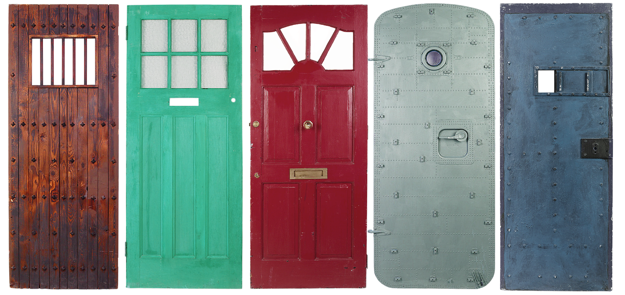 the image shows a collection of five diverse doors arranged sidebyside against a black background. from left to right, there's a rustic wooden door with a barred window, a bright green door with glass panes in the upper half, a classic red door with a fanshaped window, a metallic door covered in rivets and a peephole, and finally a worn blue door with a small window and a heavy lock. the doors vary in style and material, suggesting different levels of security and historical periods.