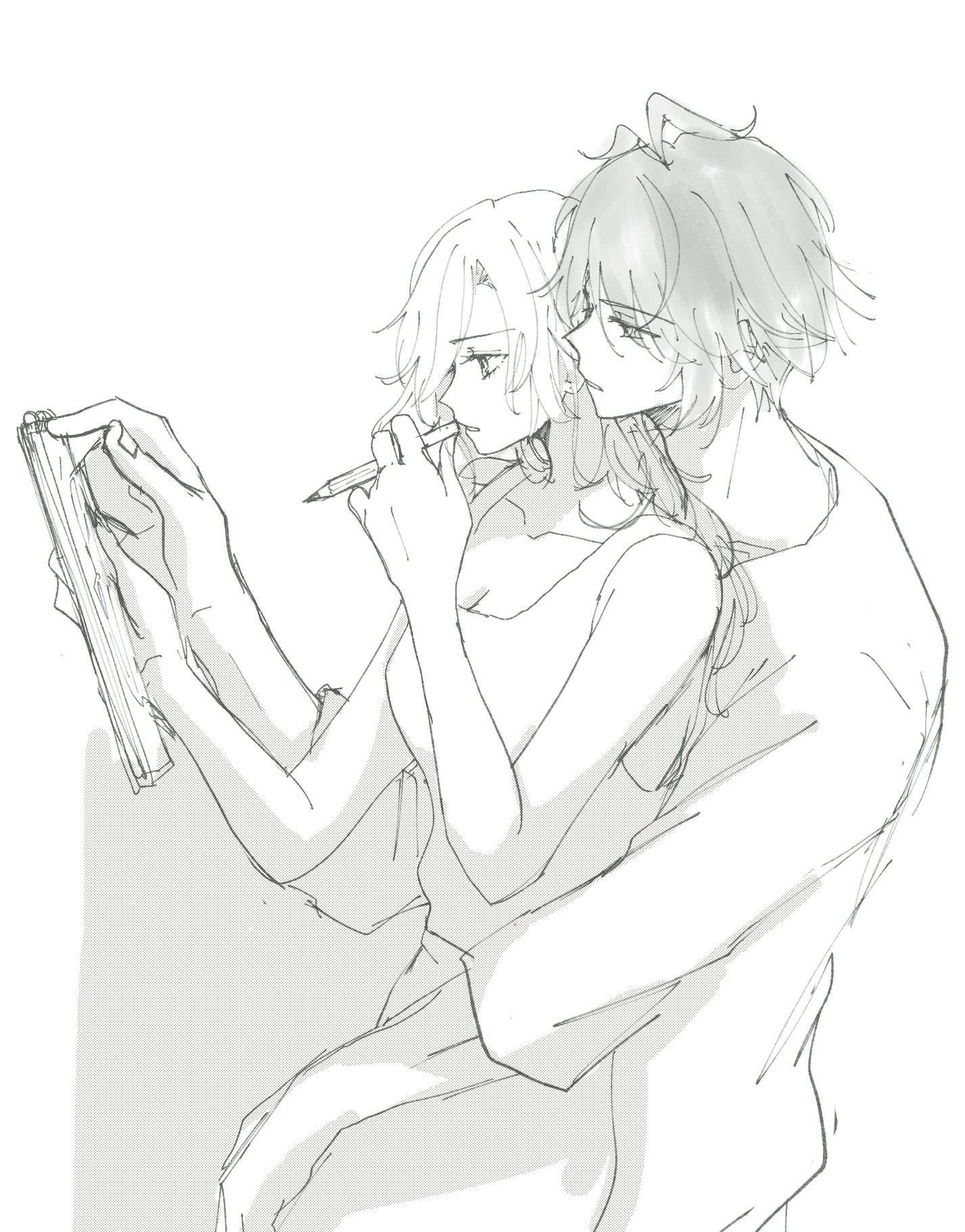 a sketch of a couple, a girl and a boy, sitting close together. the girl is drawing in a notebook, and the boy is looking over her shoulder. the girl is smiling and the boy has his arm around her. the sketch is done in a manga style. the couple is very close and seems to be in love.