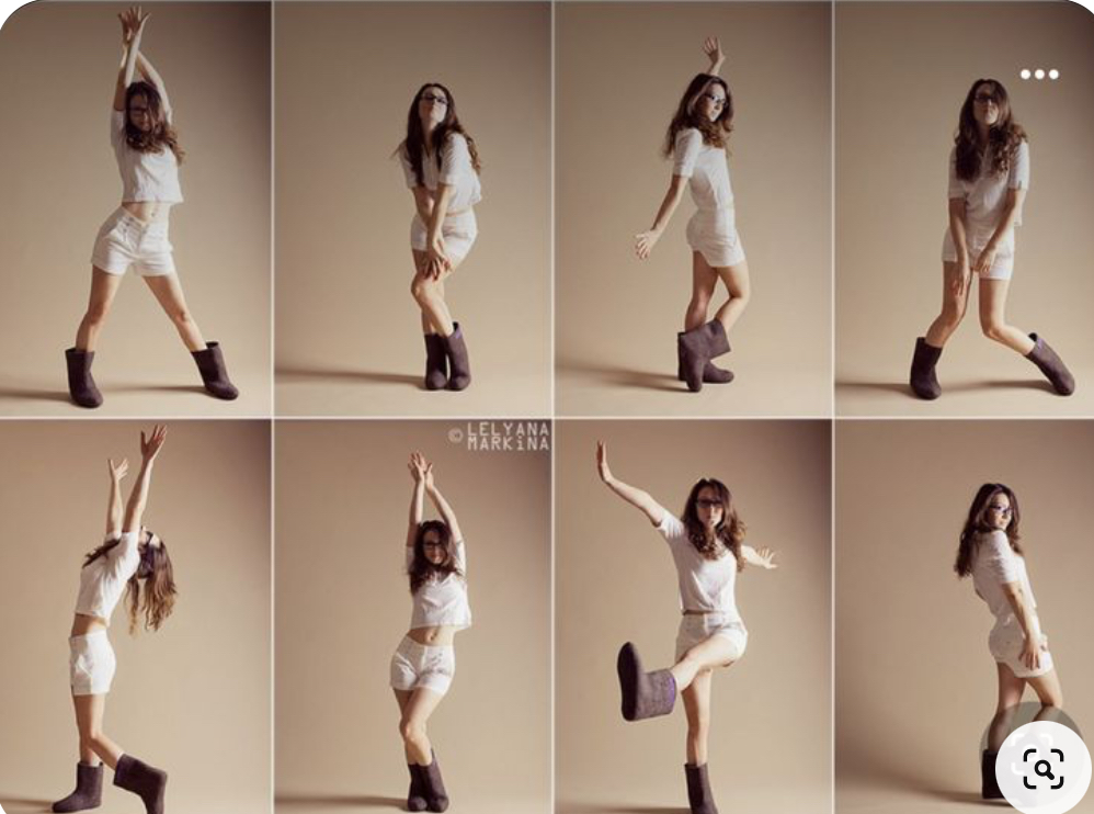the image is a collage of seven photos featuring a young woman in various dance poses. she is wearing a simple white outfit and grey boots. the photos are set against a neutral background and lit with soft, diffused lighting. the overall aesthetic is minimalist and stylish, emphasizing the woman's graceful movements and the unique footwear.