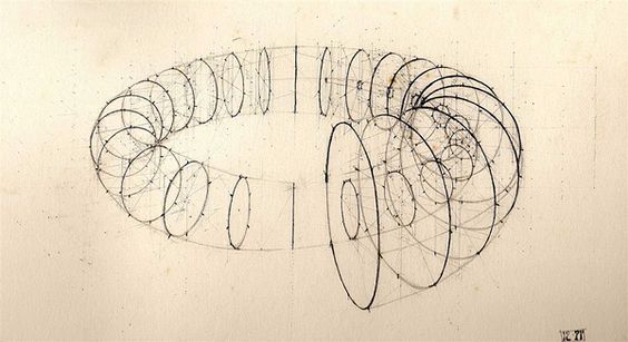 the image presents a detailed penandink architectural or artistic sketch. it depicts a complex, threedimensional structure composed of a series of interconnected circles and lines, forming a spirallike or helical shape. the circles are consistently sized and arranged, creating a sense of rhythm and repetition. the lines appear to indicate structural elements or connections between the circles.  the style is reminiscent of constructivist or kinetic art movements, suggesting a focus on geometric precision and spatial relationships. the overall impression is one of both intricate detail and abstract form. the drawing is executed on a light beige or offwhite paper.