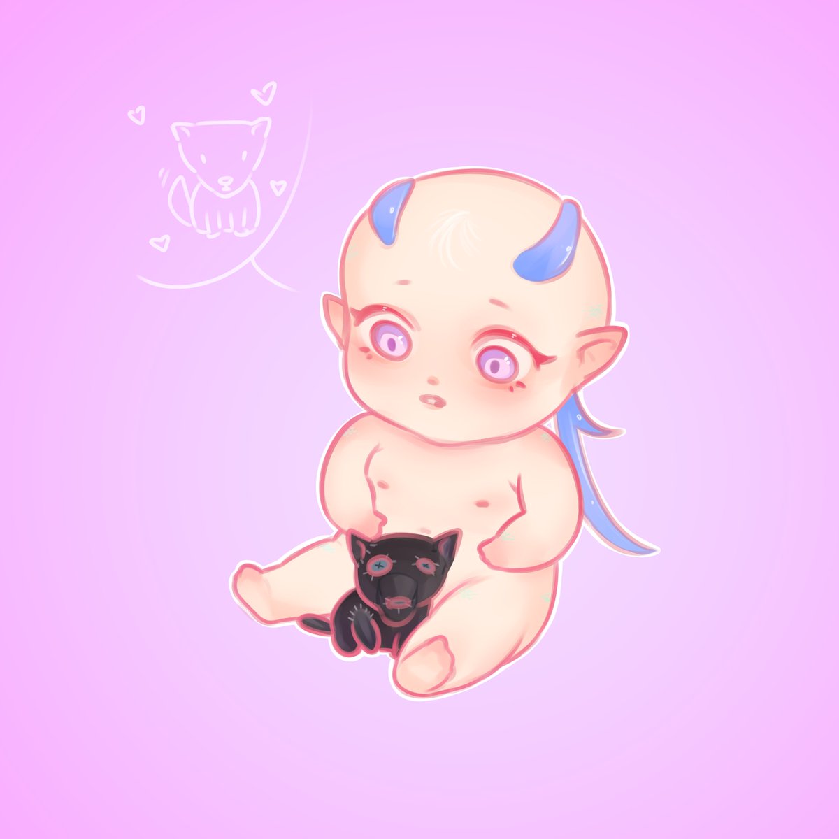 a cute cartoon baby with blue horns, light blue hair, and a white crescent moon on their forehead, is holding a black wolf plushie. the baby is dreaming of a light blue wolf in a thought bubble with hearts surrounding the wolf. the baby and the wolf are sitting on a soft pink background.