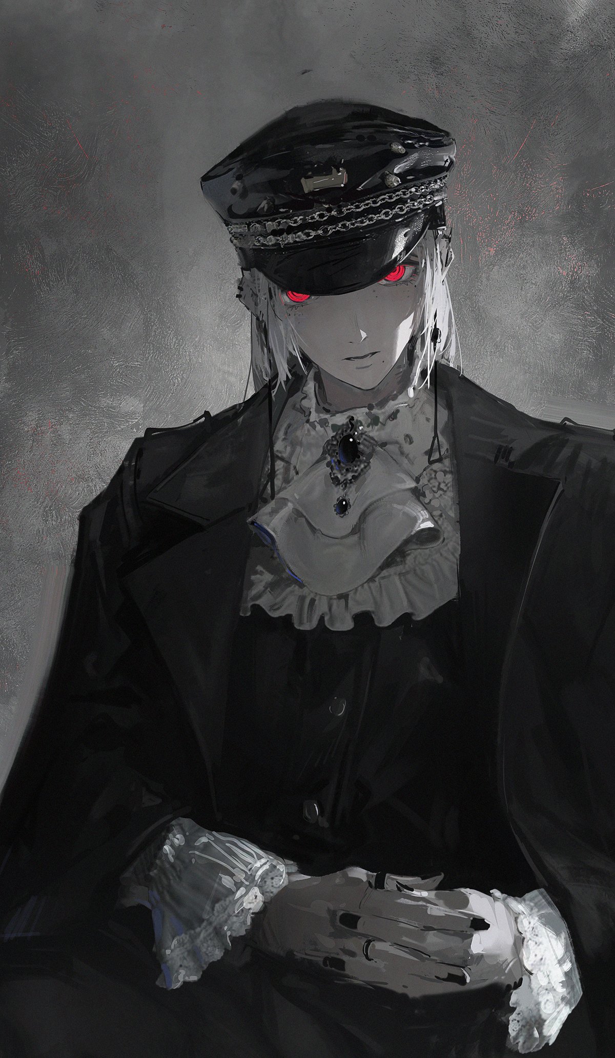 a black and white anime illustration of a girl wearing a black coat, a black and white dress, and a black hat with a silver band around it. the girl has long white hair and red eyes. she is standing in a dark room and her expression is mysterious and elegant. the image has a dark and gothic feel to it.
