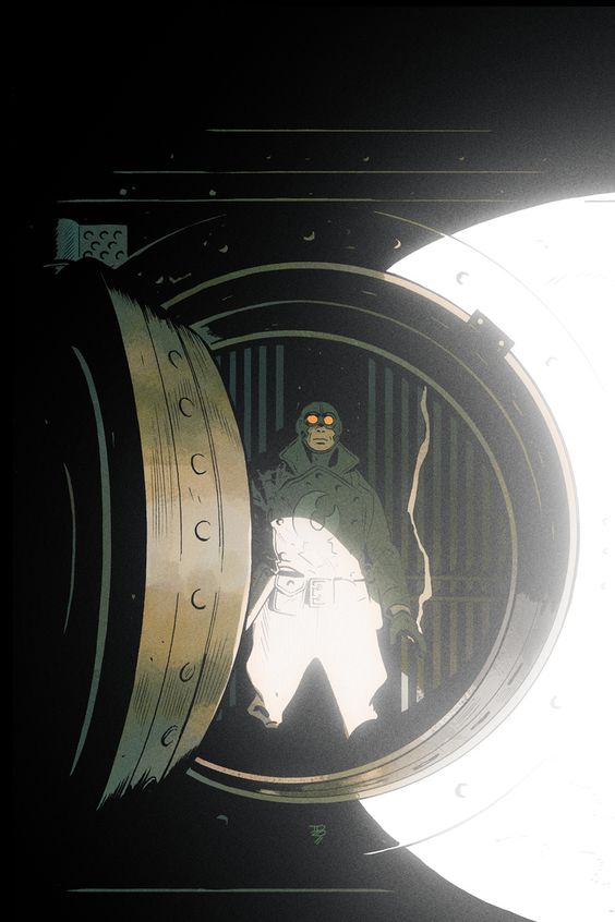 a man in a mask and goggles stands in a bright light inside of a vault.  the vault door is partially open revealing the inside and the man standing inside.  the scene is set inside a dark, ominous space that makes the man inside the vault look as if he's standing in a spotlight.  the artwork is drawn in a style that is common to comic books.  the man's face is concealed by the mask, but it's clear that he is up to something sinister.