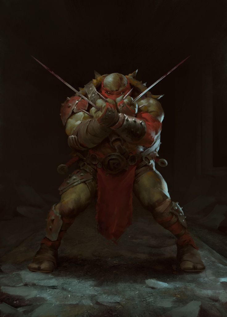 a large, greenskinned warrior with a red tunic and leather armor, standing in a dark environment and holding two blades in a threatening pose. he has a fierce expression on his face, ready for battle.