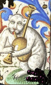 a white lion with a humanlike face sits on a patch of green grass while playing a set of golden bagpipes. the lion and bagpipes are outlined in black against a background of blue and gold swirling patterns.  this illustration appears to be from a medieval manuscript.