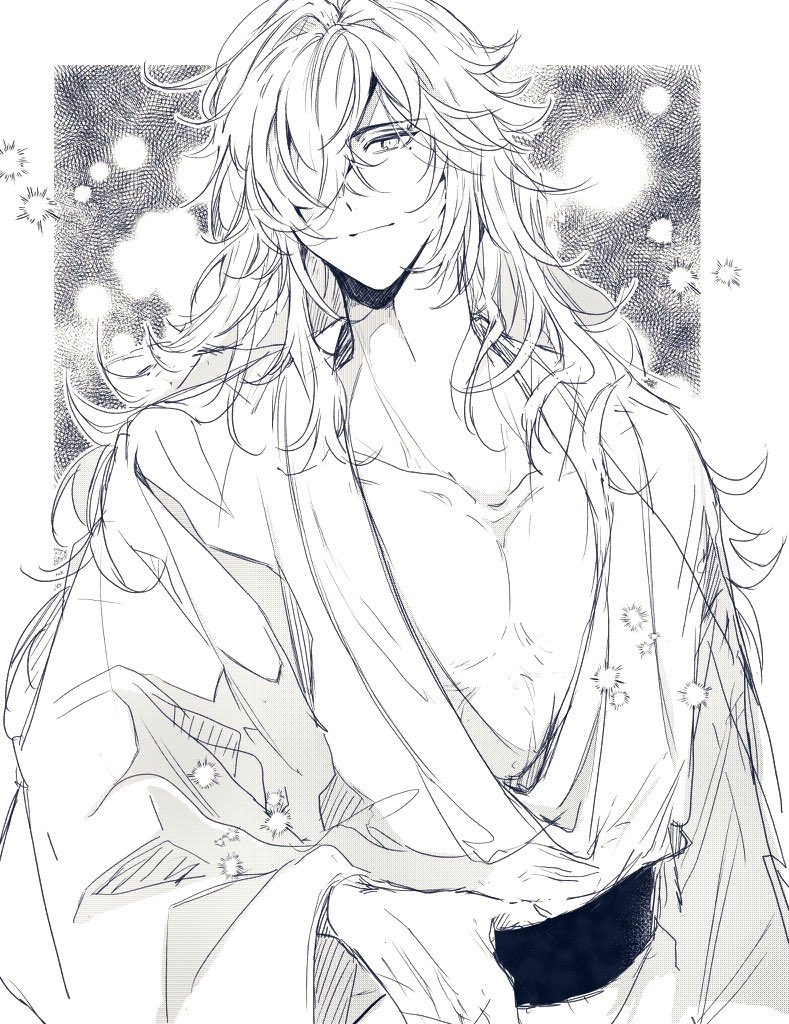 an anime drawing of a male character with long white hair, wearing a white shirt with a black belt. the character has a gentle expression on his face and is standing in front of a background of stars. the drawing is done in a simple, sketchlike style.