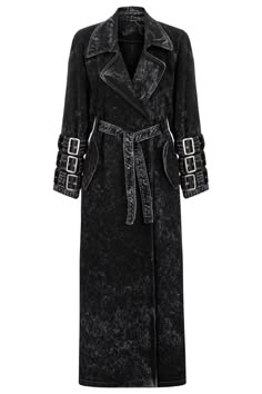 a fulllength photo of a black women's long coat. the coat has a distressed denim look and buckle details on the cuffs. the coat is unbuttoned and has a belted waist.  the coat is isolated on a white background.