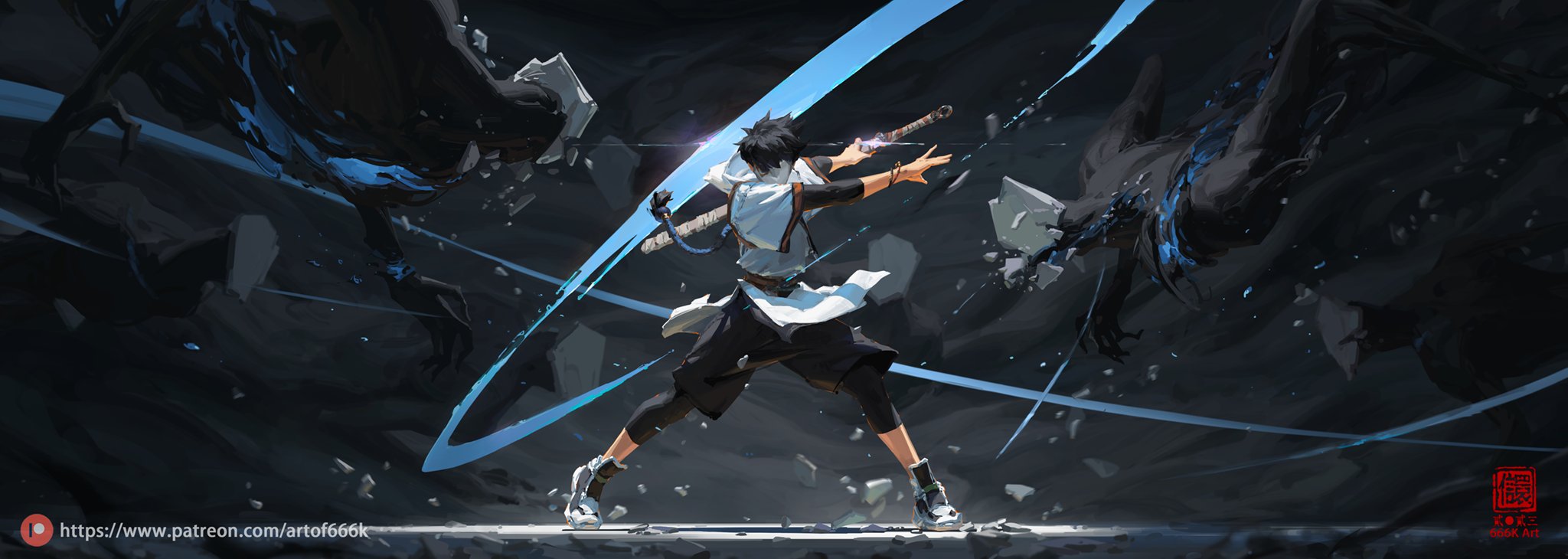 the image is a vibrant digital painting depicting a dynamic battle scene. a young, animestyle swordsman, clad in dark and light clothing, is the focal point. he wields a long sword that emits a bright blue energy, seemingly cutting through shadowy, otherworldly creatures that resemble dark, amorphous beings. the action is intense, with the swordsman's pose and the energy effects creating a strong sense of motion and power. the background is dark and atmospheric, enhancing the dramatic lighting and the ethereal quality of the scene. the artist's signature and patreon link are visible in the bottom left corner. the overall style is evocative of anime, manga, and dark fantasy, with a cinematic and powerful feel.