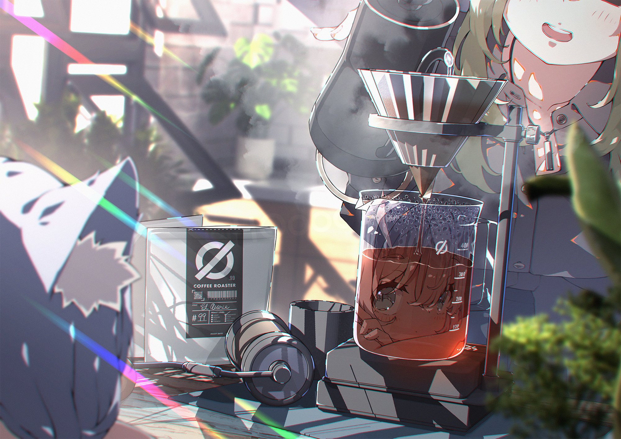 an illustration of a girl brewing a cup of coffee. she's using a pourover coffee maker with a glass carafe. the coffee is a deep reddishbrown and steam is rising from the carafe. to the left of the coffee maker is a bag of coffee beans and a black object with a hose attached to it. to the right, there is a cat looking up at the coffee. the scene is brightly lit, with sunlight streaming in from a window behind the girl.