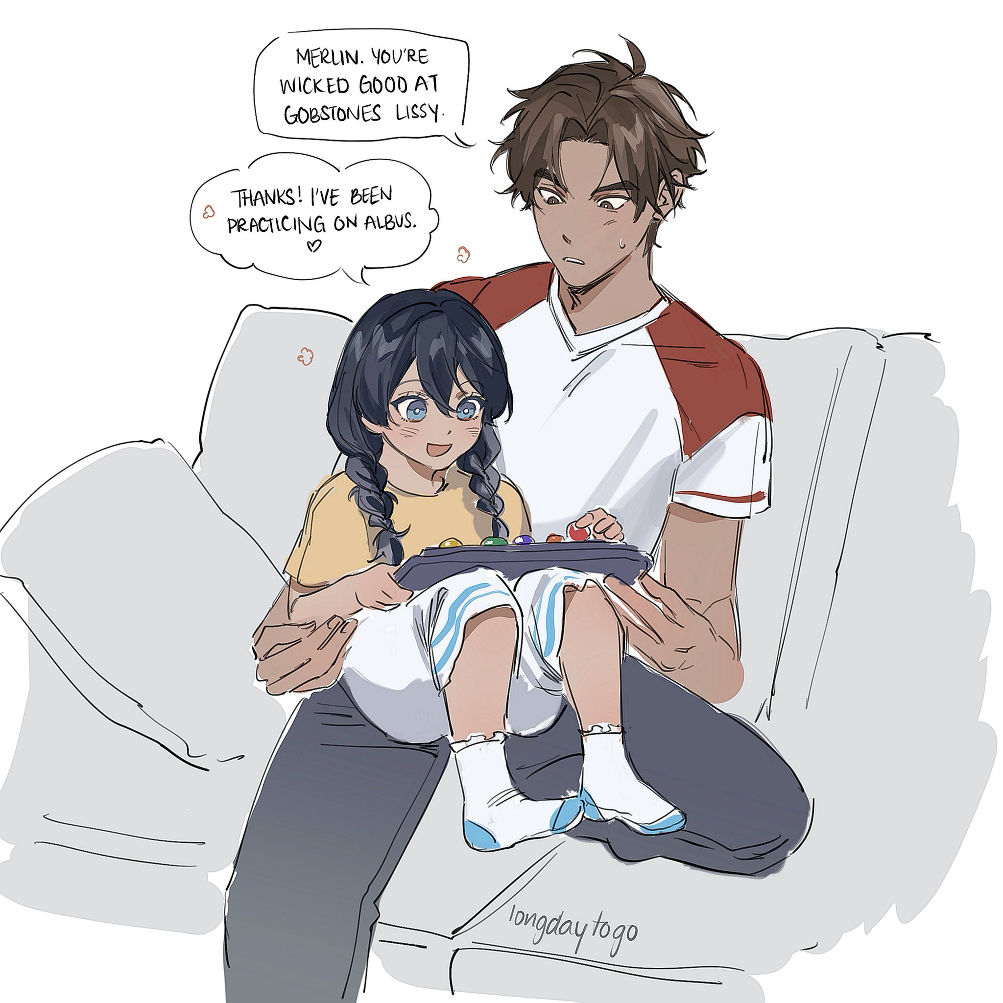the image is a digital drawing in an anime style depicting a man and a young girl sitting on a couch playing a video game together. the man has brown hair and tan skin, and is wearing a white and red shirt. the girl has dark hair and is wearing a yellow shirt and white pants. they are smiling and appear to be enjoying themselves.  speech bubbles indicate a conversation about their game of gobstones, with the man complimenting the girl's skill. the overall mood is warm, affectionate, and lighthearted. the art style is casual and slightly sketchy. the background is simple, focusing on the figures.  the artist's signature or username ("longday to go") is visible in the bottom right.