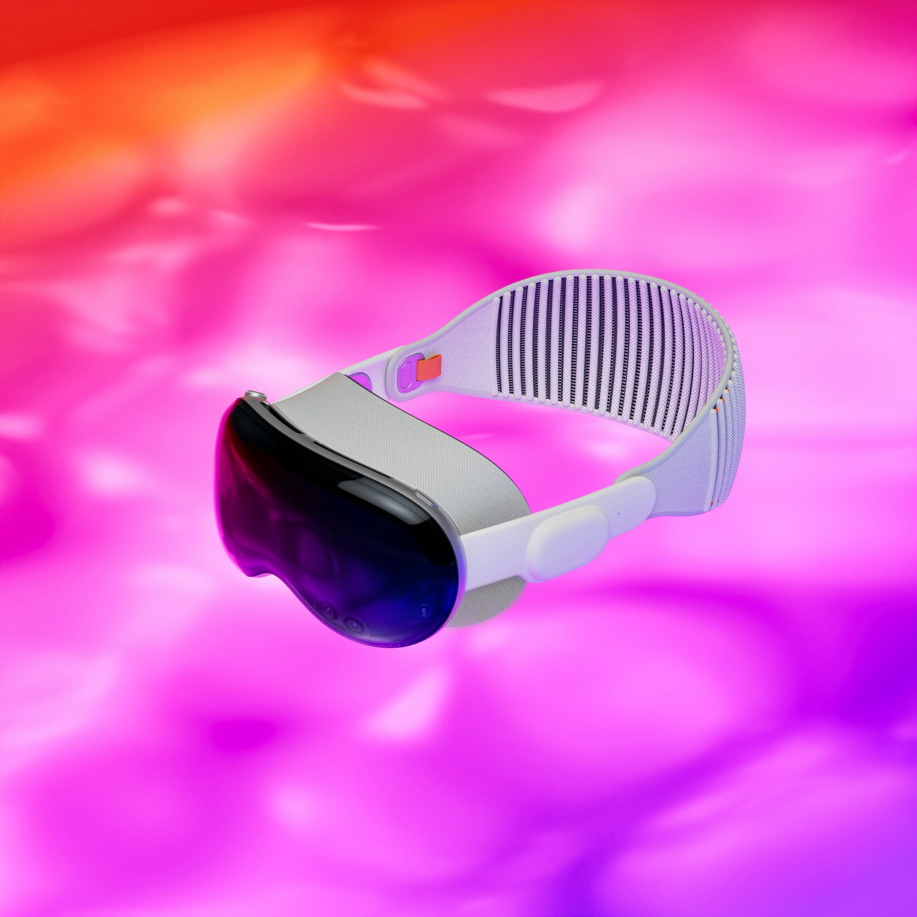 a virtual reality headset is floating in the air against a blurred, colorful background. the headset is white with a black screen and a striped headband. the background is a mix of pink, purple, and orange colors, creating a vibrant and futuristic atmosphere.