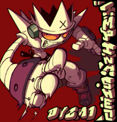 a stylized robot character is shown in a dynamic action pose against a solid red background. the character has a graffiti or mangainspired design with exaggerated features and sharp angles. the robot appears to be midmotion, suggesting an impending attack or a fight sequence. the overall aesthetic evokes a sense of energy, action, and perhaps a rebellious attitude often associated with graffiti art and certain video game characters.  the text on the image is in japanese.