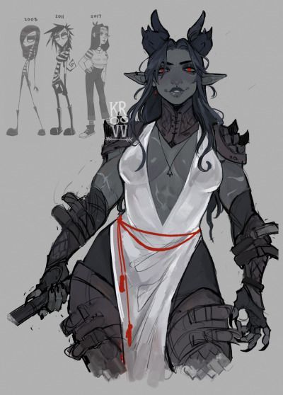 a black and white illustration of a female demon with horns and black armor, she is holding a sword with a red rope tie around her waist.