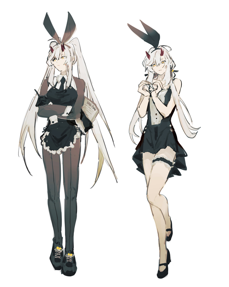 the illustration shows two anime girls in black dresses with bunny ears. the girl on the left has a maid dress and is holding a menu. the girl on the right has a shorter dress and is holding her hands together as if praying. they both have white hair and look cute and innocent. the drawing is done in a sketchy style.