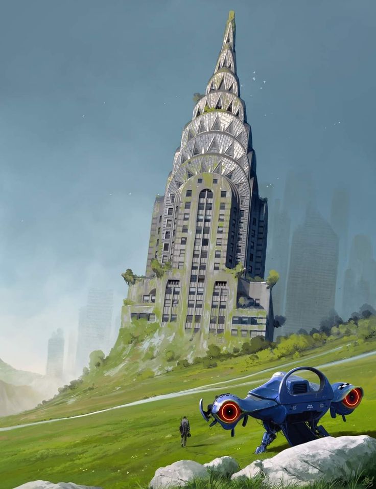 the image showcases a futuristic, perhaps postapocalyptic, scene. an overgrown, dilapidated skyscraper, reminiscent of the empire state building, stands amidst a verdant field, speaking to nature's reclamation. a sleek, blue, futuristic vehicle rests in the foreground, with a lone figure approaching the towering structure. the daylight casts a soft, natural light, highlighting the scene's serenity and the stark contrast between the past and the unknown future.