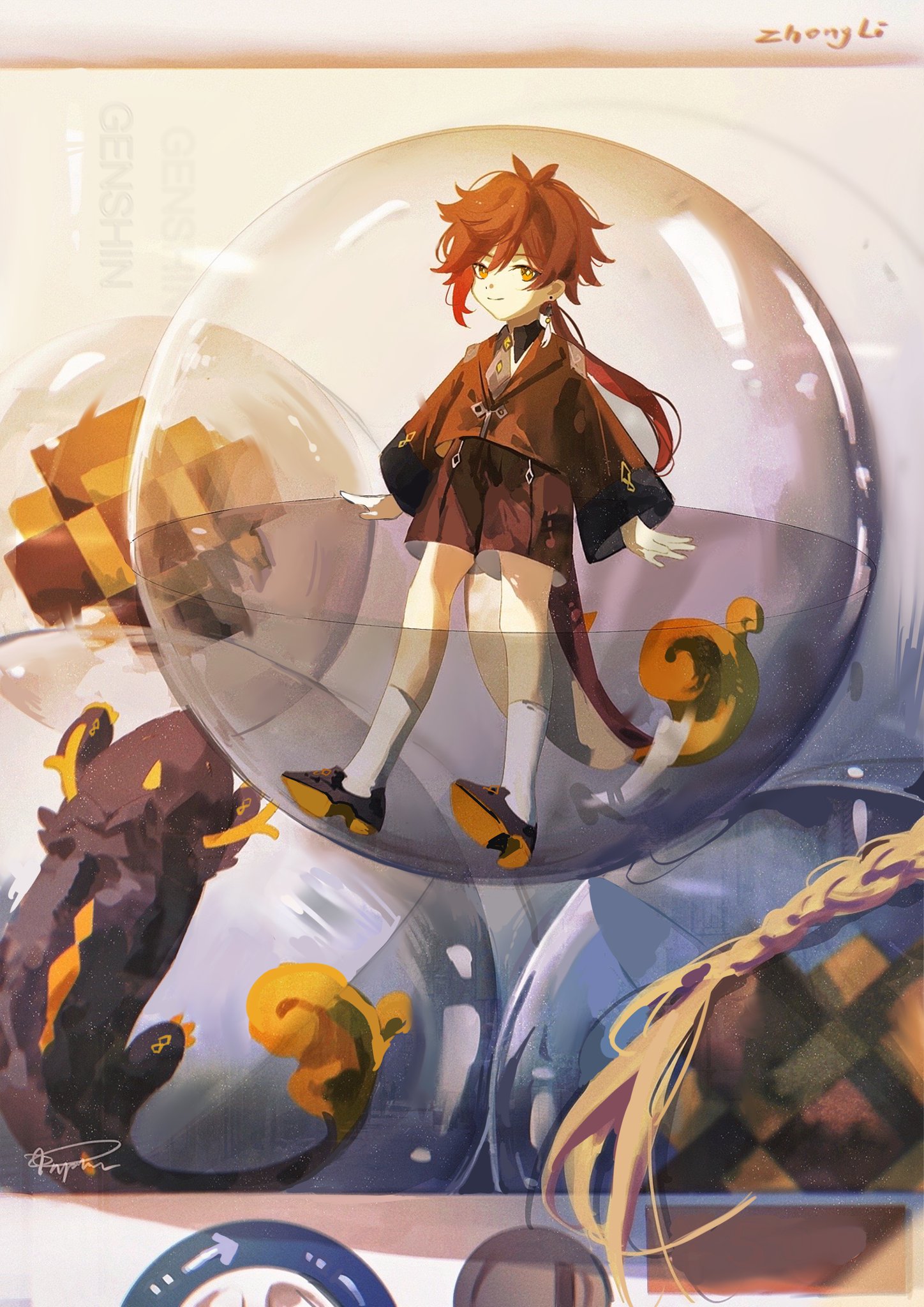 a colorful drawing of the genshin impact character zhongli as a cute anime girl. zhongli is inside a giant transparent bubble, she is holding a staff and her hair is flowing in the wind. there are other smaller bubbles in the background and some other unknown objects that look like they are made out of glass. the drawing is done in a cartoon style and is very vibrant. it is clear, detailed, and well done.