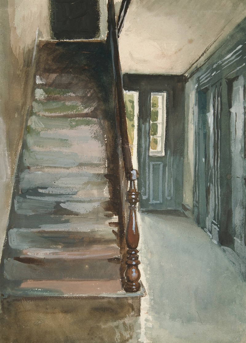 the image is a watercolor painting depicting an interior scene of a house, featuring stairs, a hallway, and a door. the stairs ascend on the left side, with a dark wooden balustrade and handrail. the hallway extends from the base of the stairs towards a door with a window, allowing light to enter. the overall color palette is muted, with grays, browns, and hints of green. the style is reminiscent of impressionistic watercolor, emphasizing light and shadow.
