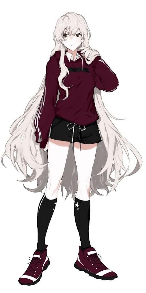 the image features a whitehaired anime girl wearing a red sweater, black shorts, and red shoes. she has a serious expression and a long white hair that flows down her back. the background is white.