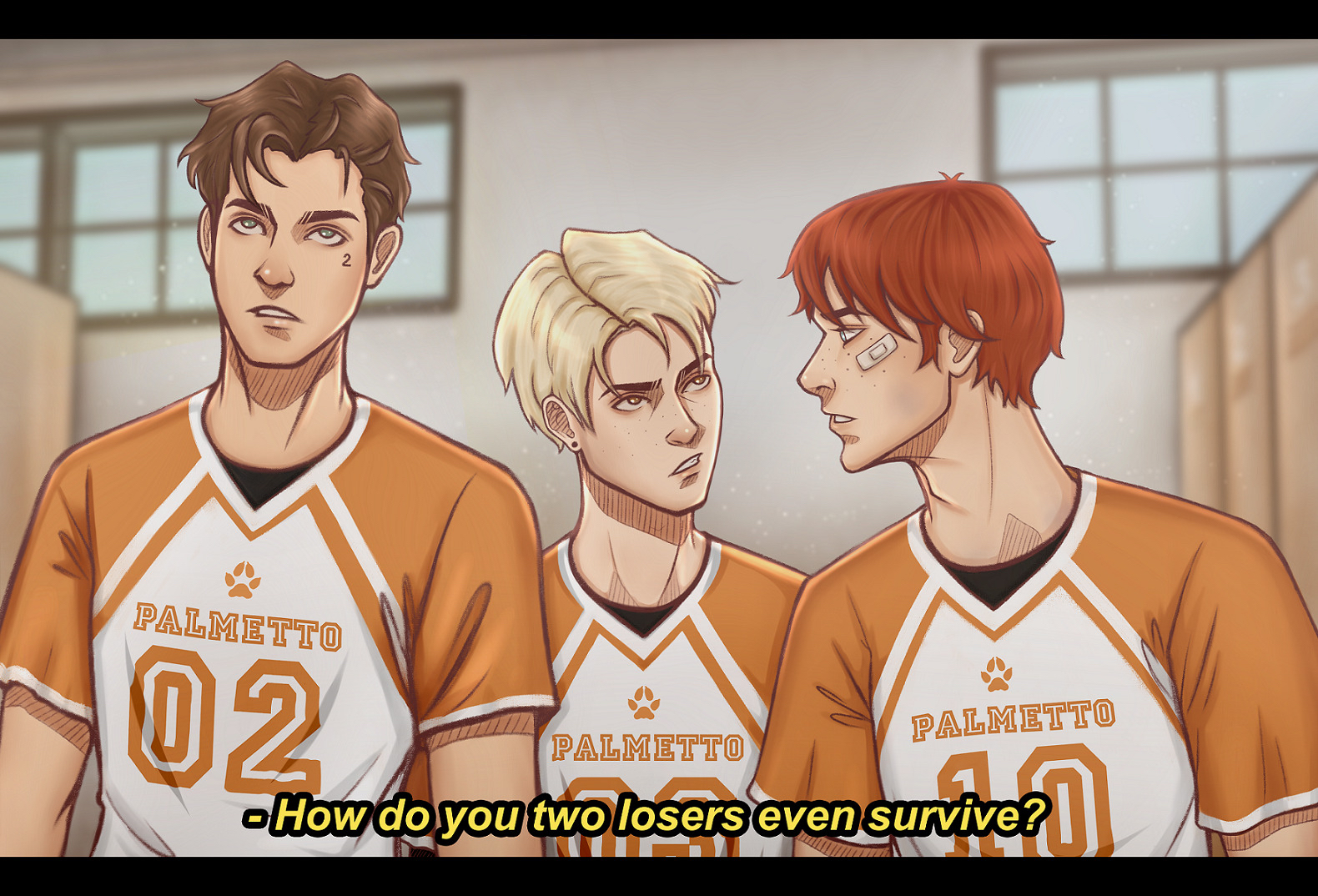 the image shows three teenage boys in a locker room, wearing orange volleyball uniforms. the boy on the right has a cut on his cheek, and all three have serious expressions. the text " how do you two losers even survive?" suggests a tense confrontation or rivalry. the setting is brightly lit, possibly with fluorescent lights, and the perspective is at eye level with the characters.
