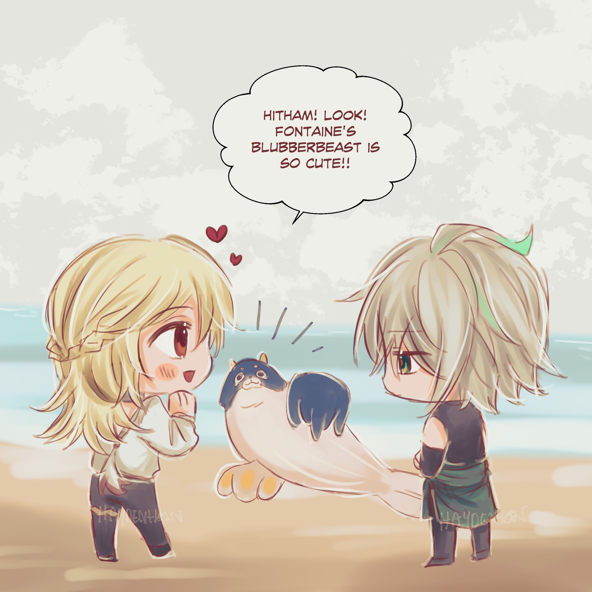 the image is a cartoon illustration of two anime characters, a girl and a boy, standing on a beach. the girl has blonde hair and is wearing a white shirt and brown pants. the boy has green hair and is wearing a dark shirt and green pants. they are both smiling and looking at a large, white seagull with blue wings sitting on the sand between them. the seagull is also smiling and has a heartshaped symbol on its chest. the characters are surrounded by hearts and the words "hitham! look! fontaine's blubberbeast is so cute!!"  the image suggests a scene of friendship and joy.