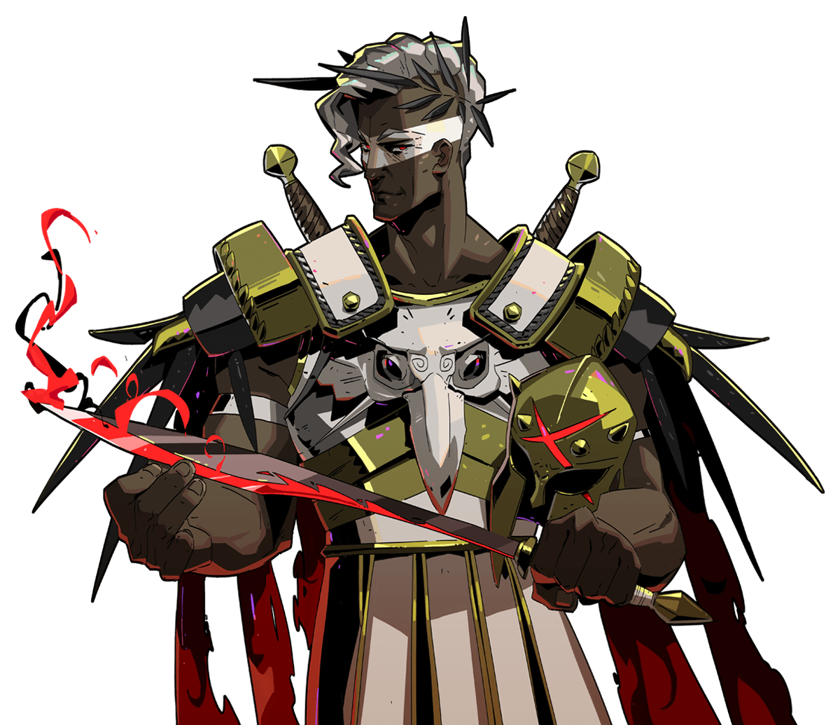 a digital illustration of a fantasy video game character. it is an armored man with a helmet in his hand and a sword in the other. he is wearing gold armor and is standing in a warrior pose. the art style is stylized and colorful. the background is white.