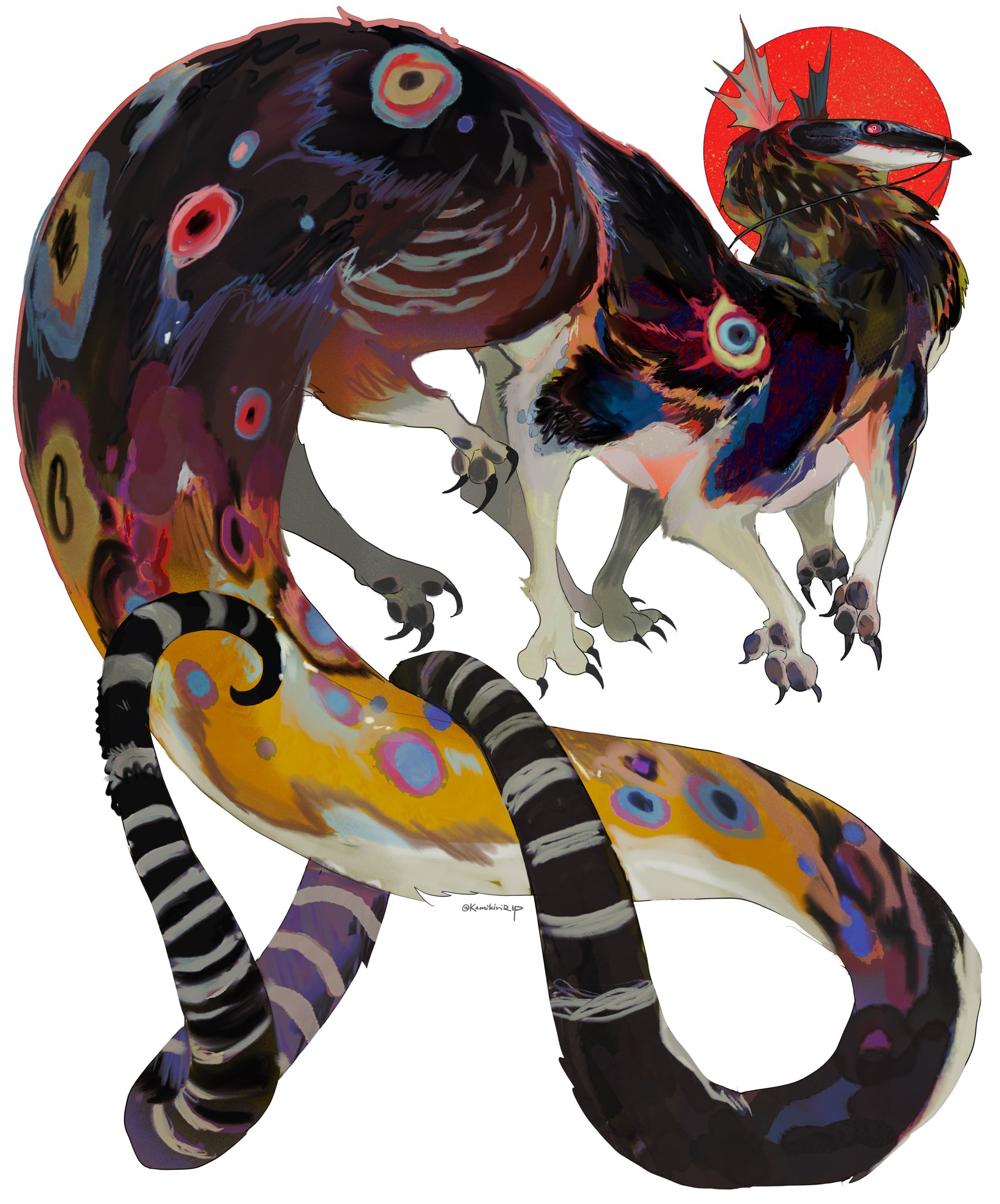 a colorful and surreal mythical creature with a long, banded tail and a long, sharp beak is painted against a white background. the creature has bright, large eyes and is adorned with various patterns. it has a prominent crest of feathers or horns on its head. the creature appears to be a mix of bird, feline, and reptilian features. the tail wraps around its body, creating a spiral shape.