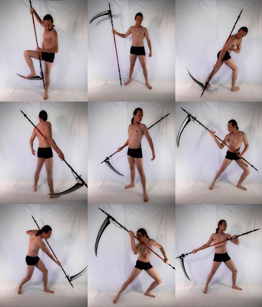 nine different poses of a man, standing and holding a scythelike weapon, the man is shirtless and wearing black shorts. he is standing in front of a white backdrop.