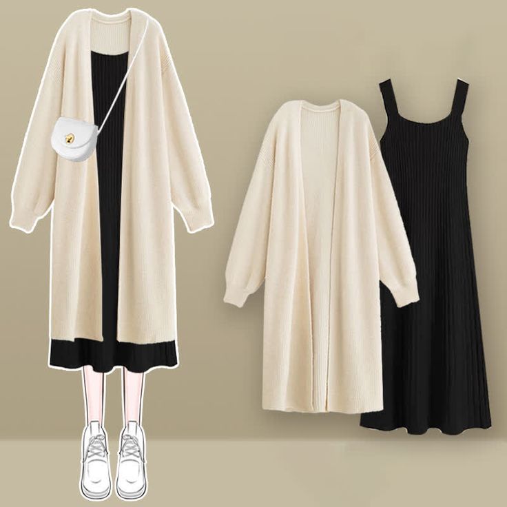 the image shows a clothing outfit suggestion for women. the outfit consists of a long white cardigan, a black midi dress, and a pair of white sneakers. the cardigan is open at the front, and the dress has a sleeveless design. the outfit is styled for a casual and comfortable look, ideal for fall or winter.