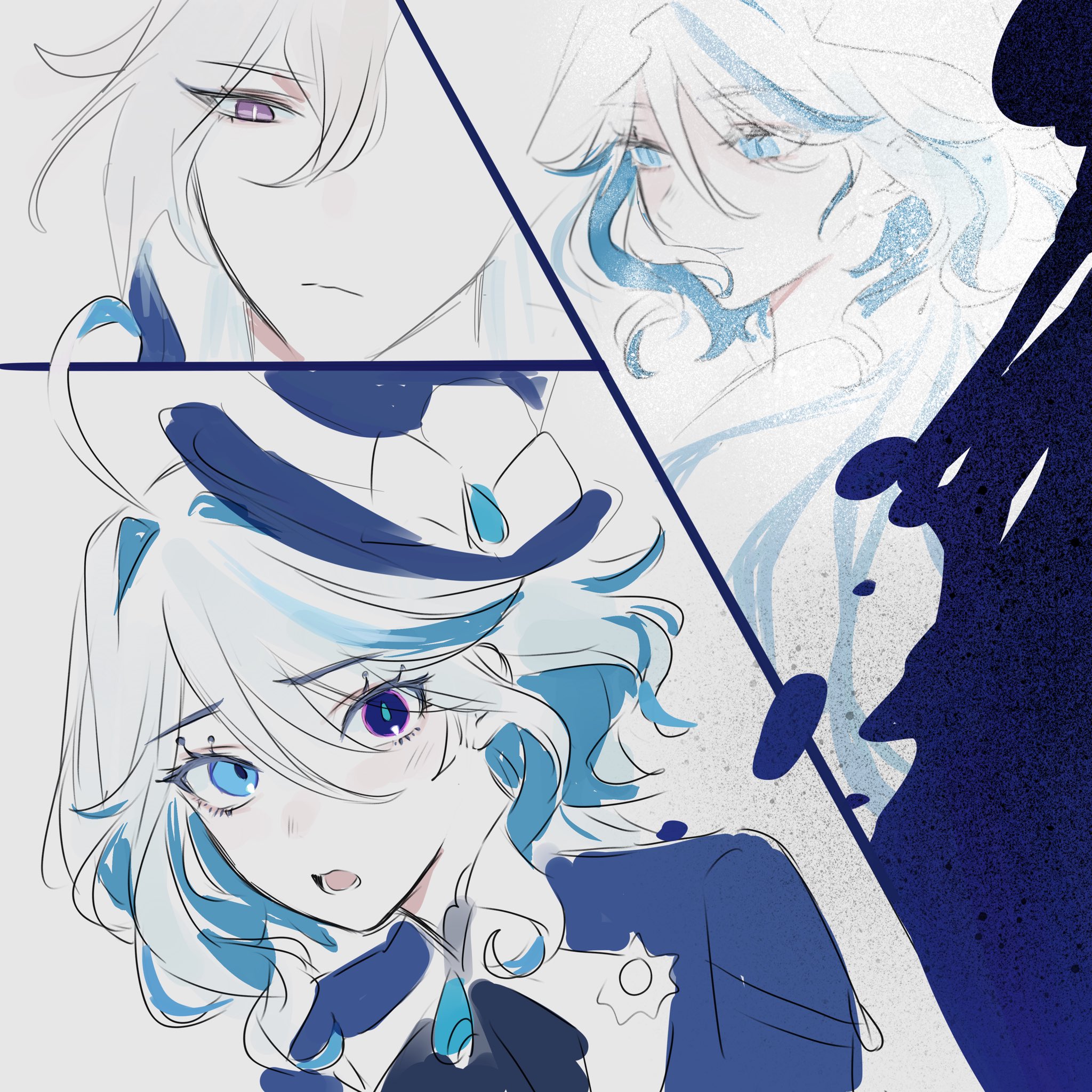 this digital illustration shows three anime characters with white and blue hair. the character on the top left is a male character with white hair and blue eyes. the character on the top right is a female character with white hair and blue eyes. the character on the bottom is a female character with white hair and blue eyes. they are all wearing different outfits, including a hat and a dress. the characters are drawn in a colorful and detailed style. the image is set against a white background with some black details.  the characters are all looking at the camera with slightly different expressions.