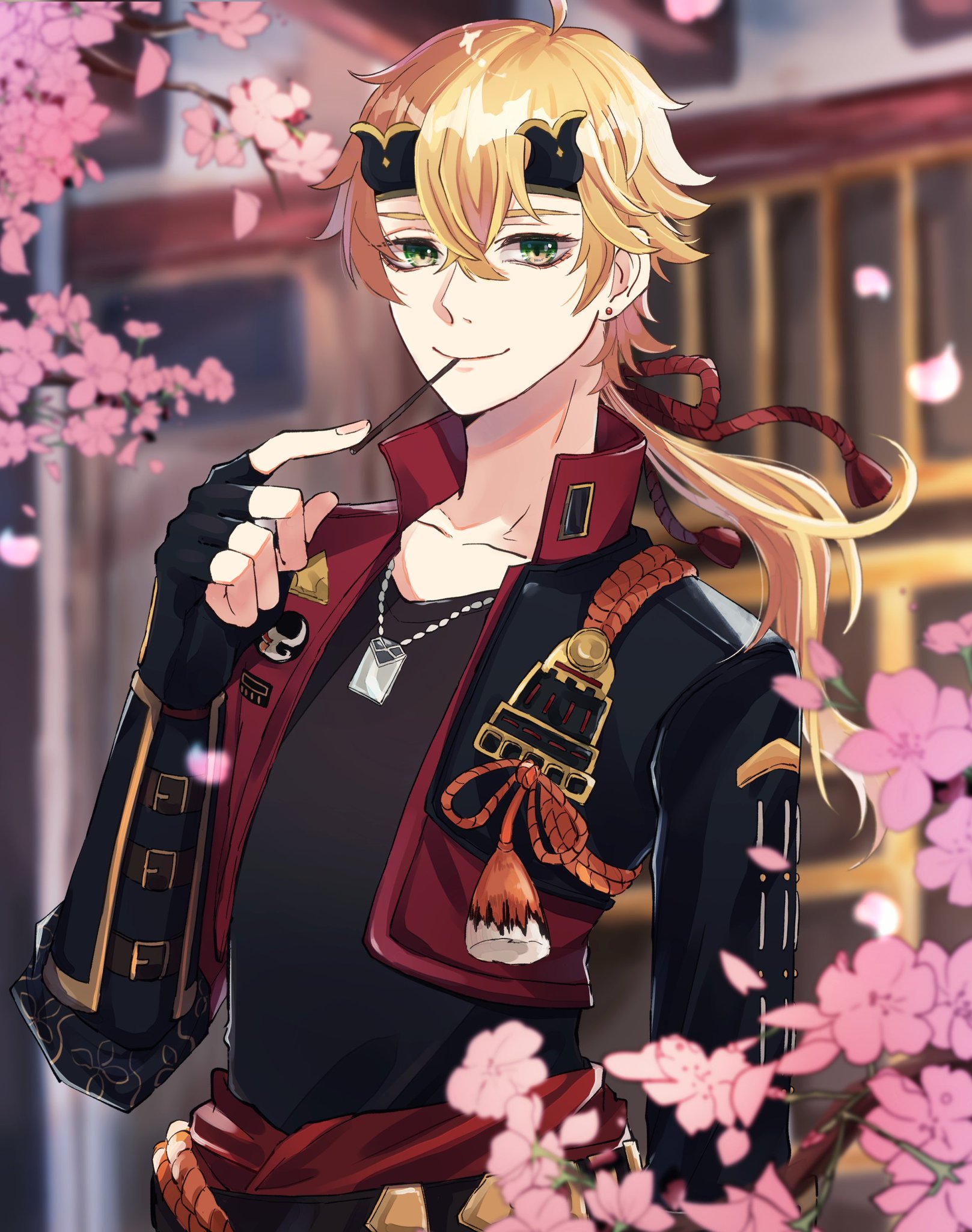 the image is an animestyle drawing of a young man with blond hair and green eyes. he is smiling and looking at the viewer. he is wearing a black and red samurai outfit, a headband with gold designs, and a necklace with a white pendant. he is holding a black stick in his mouth. behind him are cherry blossoms, and the background is a soft blur of pink and white.