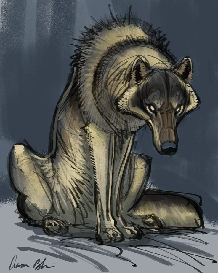 a digital sketch of a seated wolf. the wolf is mostly gray and beige, with darker areas around the head. it has a thick fur mane around its neck. it's sitting with its front paws forward and a contemplative expression. the background is a dark, muted blue. a signature is visible in the bottom left corner.