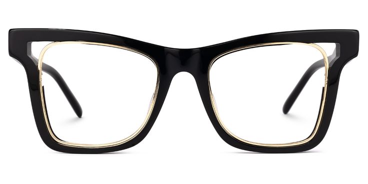 a pair of black squareframed eyeglasses with gold accents. the glasses are positioned in the center of the frame and are against a white background.