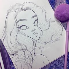 a pencil drawing of a woman with long curly hair. she has a tattoo on her shoulder. her eyes are wide open and looking at the viewer. the drawing is in black and white.