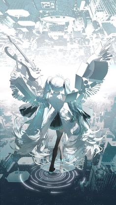 this illustration features hatsune miku, a popular vocaloid character. she's depicted in her signature outfit, striking a dynamic pose amidst a futuristic cityscape. large, stylized wings made of musical instruments surround her, emphasizing her connection to music. the highangle perspective provides a panoramic view of the sprawling urban landscape below. the color palette is cool and ethereal, enhancing the futuristic and otherworldly atmosphere. miku's hair and clothing flow gracefully, suggesting movement and energy.