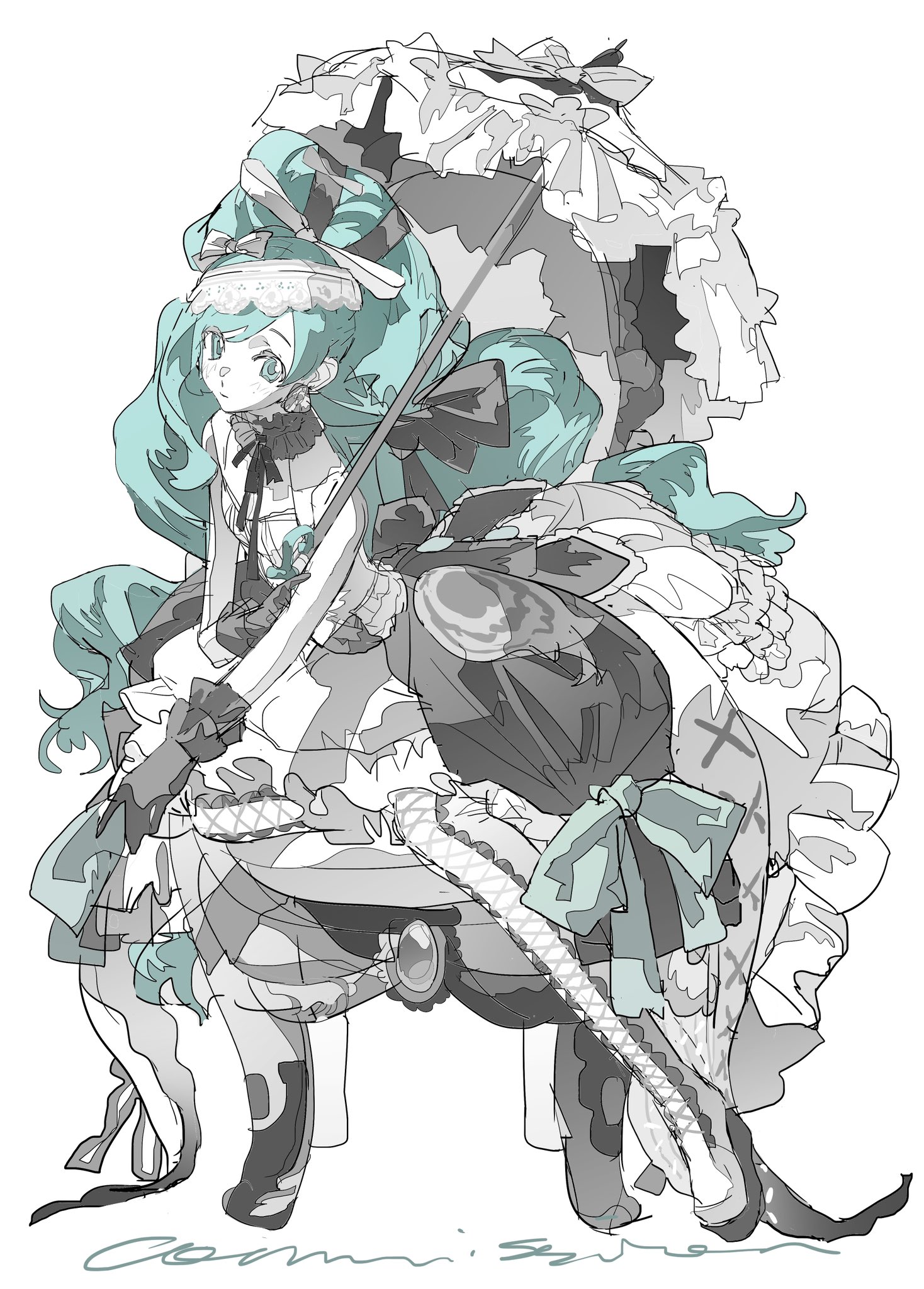 this is a digital illustration of an anime girl. she's wearing a long, frilly dress with a big bow in the back. she's also wearing a hat and stockings. she's sitting in a chair with her legs crossed and holding an umbrella.  she has long, flowing green hair. her eyes are wide open, and she's smiling. the background is white.