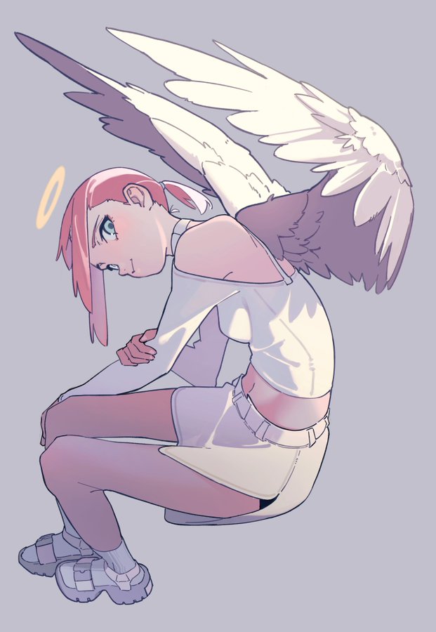 a young woman with pink hair, styled with two strands tied back, is depicted sitting with her knees pulled to her chest. she has large, white feathery wings and a simple halo above her head, indicating she is an angel. she is wearing a white crop top and skirt, and chunky white platform sandals. the background is a plain, light purplegrey, and the overall color palette is soft and pastel.  the style of the drawing is delicate and somewhat melancholic.